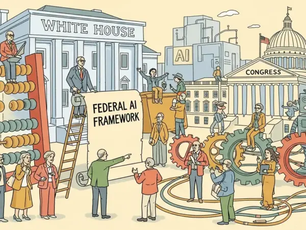Editorial illustration for: White House Releases Federal AI Framework, Urges Congress Against Heavy Regulation