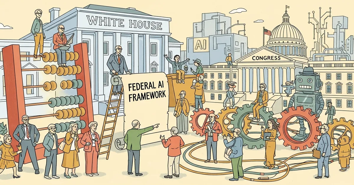 Editorial illustration for: White House Releases Federal AI Framework, Urges Congress Against Heavy Regulation