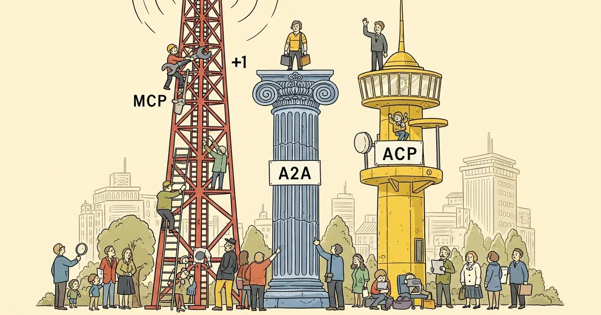 Editorial illustration for: 3 Protocols Are Fighting to Become the HTTP of AI Agents — Only 1 Will Win [MCP vs A2A vs ACP Com