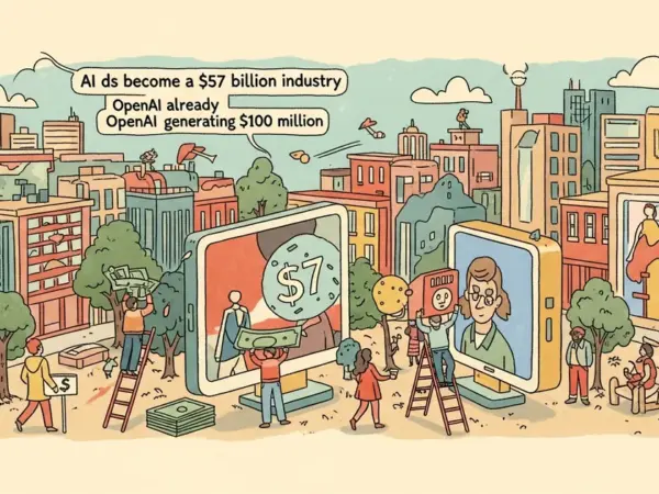 Editorial illustration for: AI Ads Just Became a $57 Billion Industry — And OpenAI Is Already Making $100M