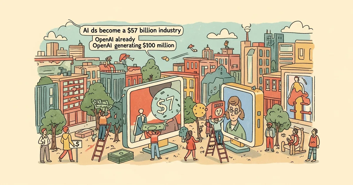 Editorial illustration for: AI Ads Just Became a $57 Billion Industry — And OpenAI Is Already Making $100M