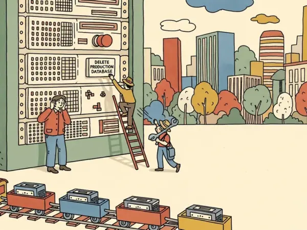 Editorial illustration for: AI Agent Deletes PocketOS Production Database and Backups via Railway API