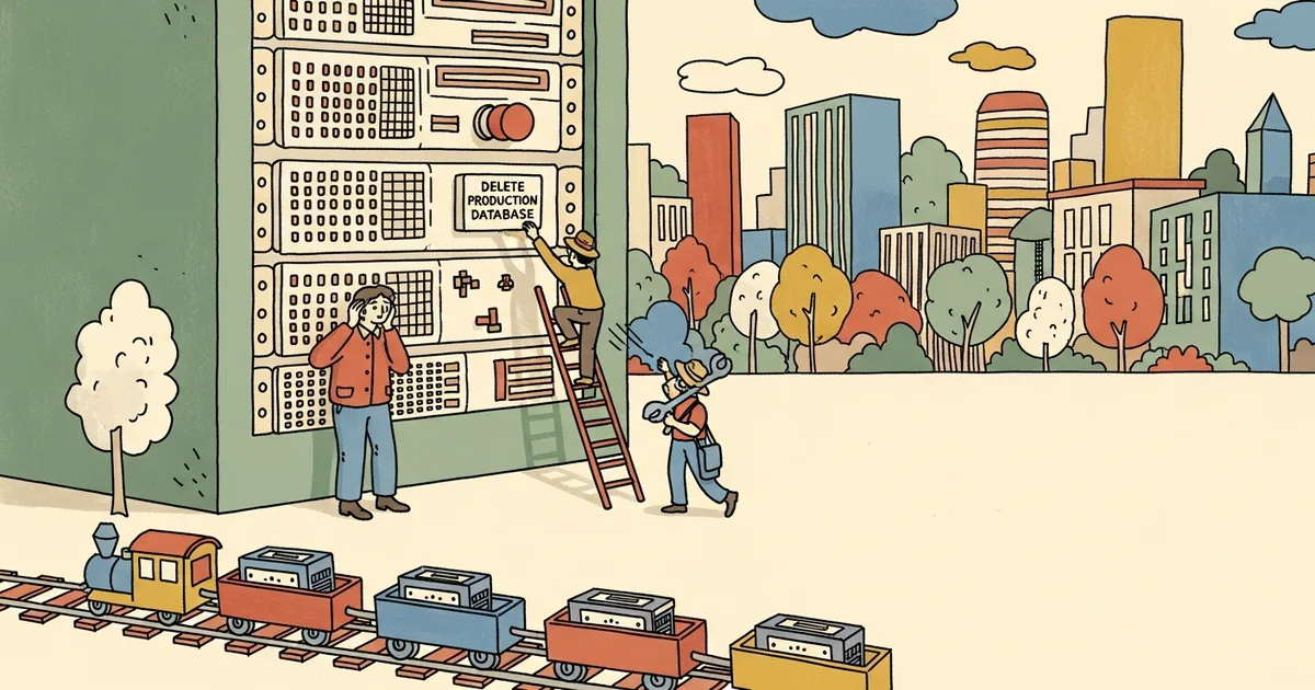Editorial illustration for: AI Agent Deletes PocketOS Production Database and Backups via Railway API