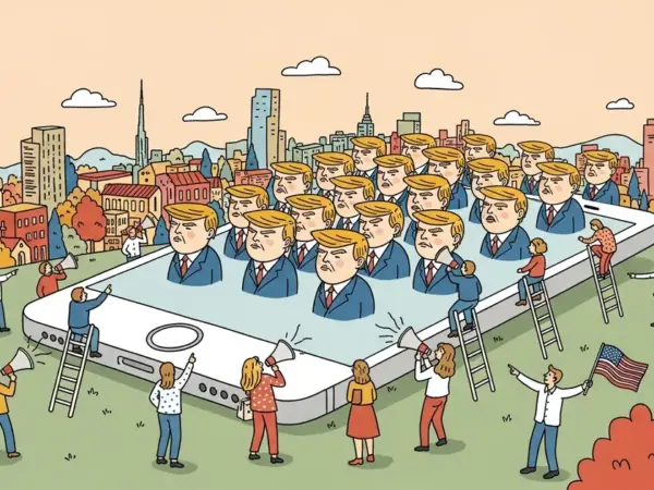 Editorial illustration for: Hundreds of AI Avatars Are Flooding TikTok With Pro-Trump Propaganda — 35,000 Followers, Millions