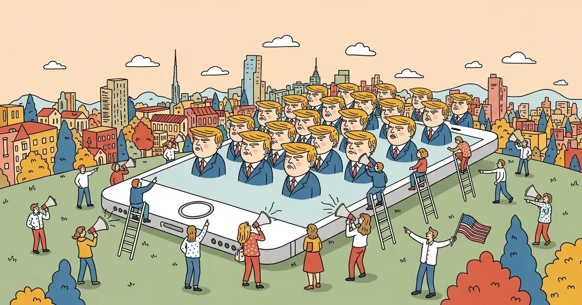 Editorial illustration for: Hundreds of AI Avatars Are Flooding TikTok With Pro-Trump Propaganda — 35,000 Followers, Millions
