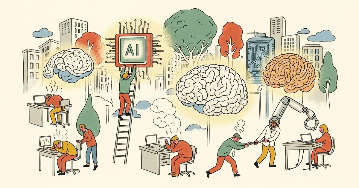 Editorial illustration for: Harvard Just Confirmed AI Is Frying Your Brain — Workers Who Use AI Most Are the Most Exhausted [