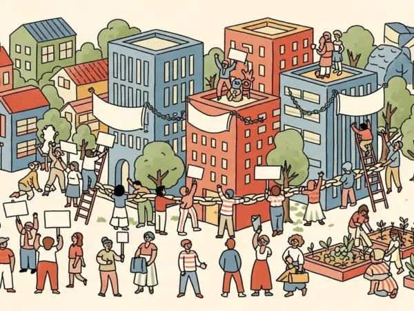 Editorial illustration for: Communities Are Fighting Back Against AI Data Centers Moving Into Their Neighborhoods