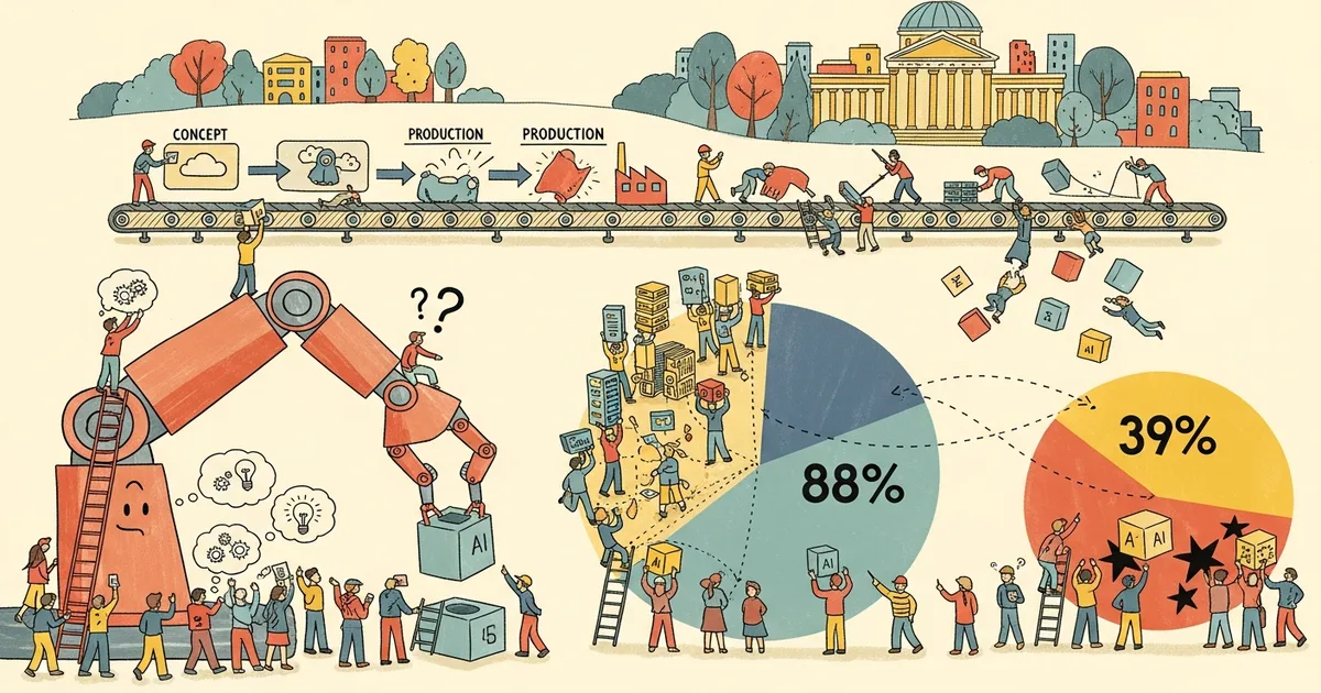 Editorial illustration for: 88% of Companies Use AI — But Only 39% Have It Actually Working in Production [MIT Sloan 2026 Dat