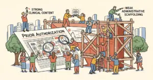 Editorial illustration for: AI-Generated Prior Authorization Letters: Strong Clinical Content, Weak Administrative Scaffoldin