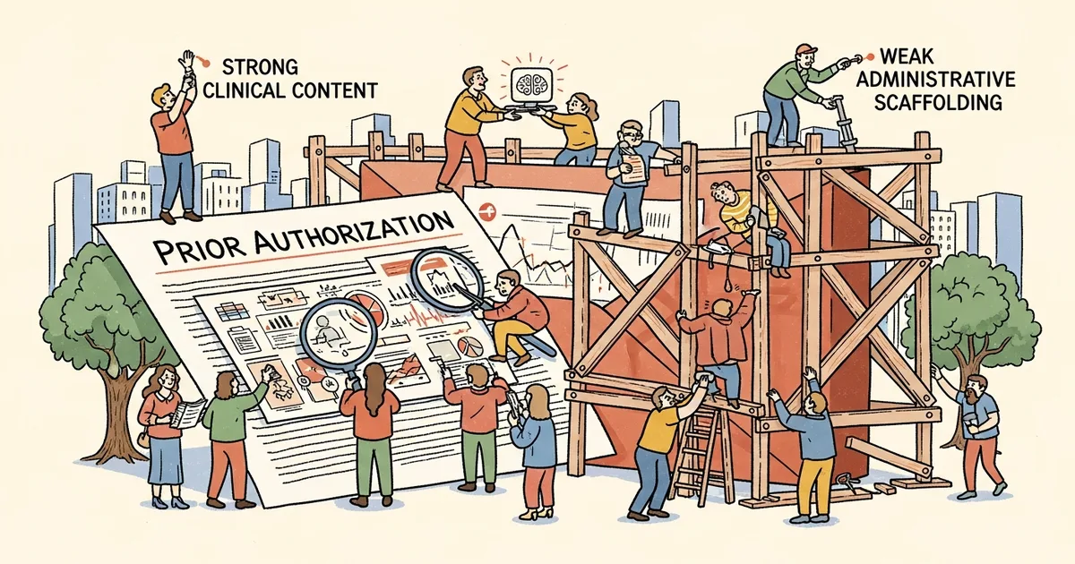 Editorial illustration for: AI-Generated Prior Authorization Letters: Strong Clinical Content, Weak Administrative Scaffoldin