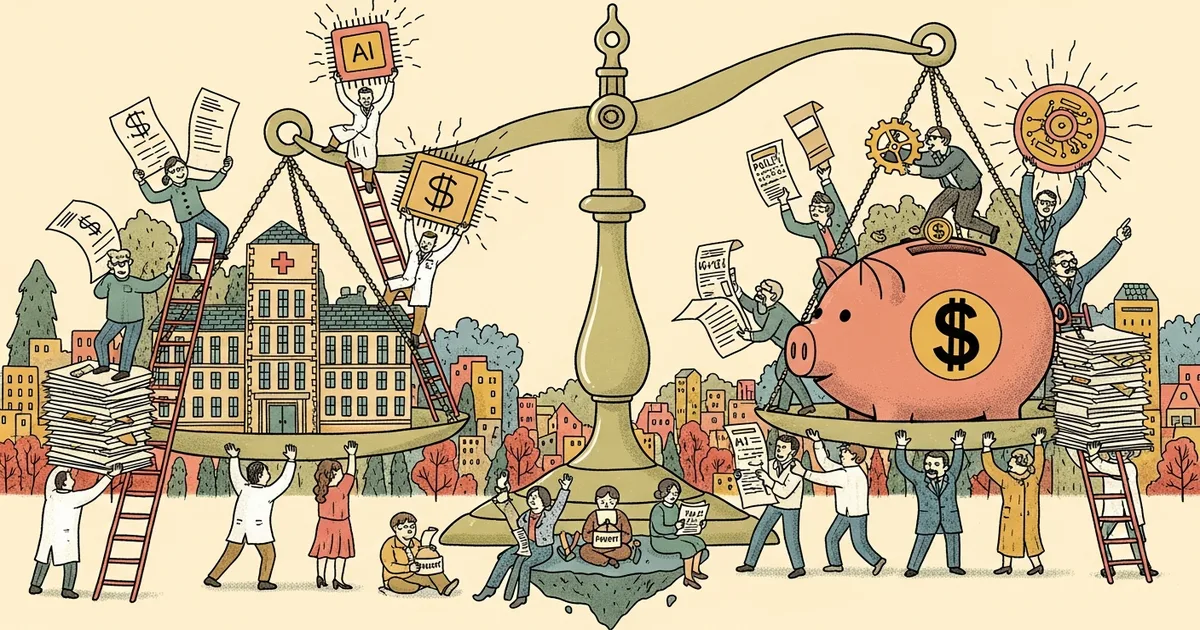 Editorial illustration for: Hospitals and Insurers Are Both Using AI to Win Billing Wars — Patients Are in the Middle