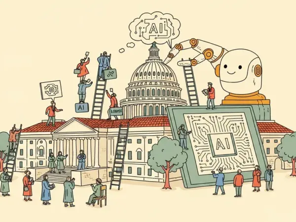 Editorial illustration for: AI Lobbying in Congress Has Tripled Since 2017. Academics Barely Get a Seat.