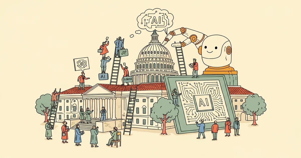 Editorial illustration for: AI Lobbying in Congress Has Tripled Since 2017. Academics Barely Get a Seat.