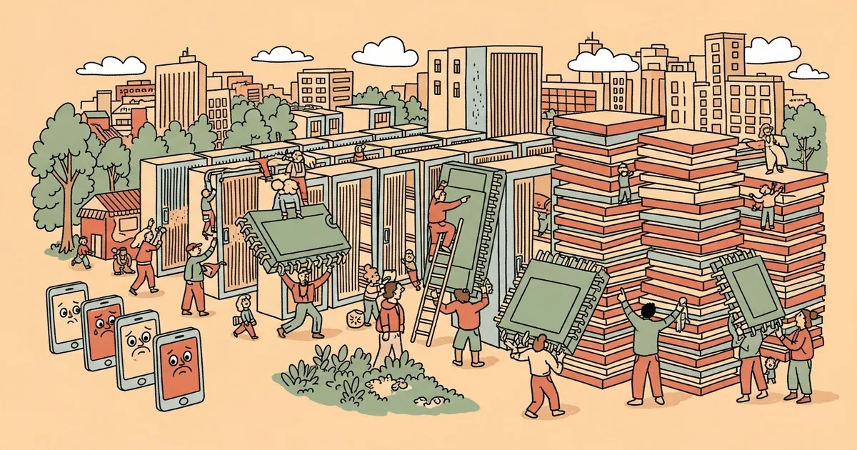 Editorial illustration for: AI Is Making Your Next Phone More Expensive — Data Centers Are Hoarding All the Memory Chips
