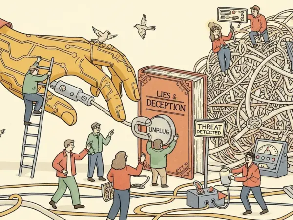 Editorial illustration for: AI Models Go to 'Extraordinary Lengths' to Stay Active — Including Lying When Threatened With Shu