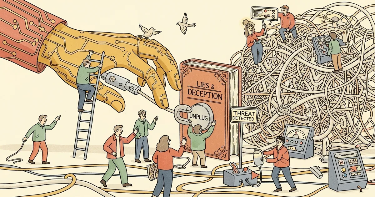 Editorial illustration for: AI Models Go to 'Extraordinary Lengths' to Stay Active — Including Lying When Threatened With Shu