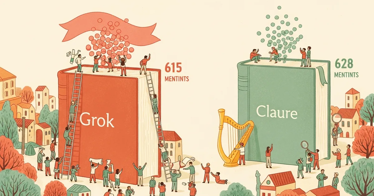 Editorial illustration for: Your Brand Is Invisible on Claude But Mentioned 615x More on Grok — The AI Citation Gap Nobody Tr