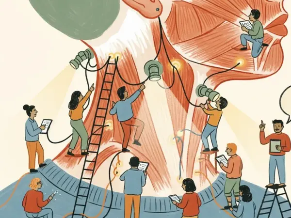 Editorial illustration for: AI Reads Neck Muscles With Light to Restore Voice — No Surgery Required