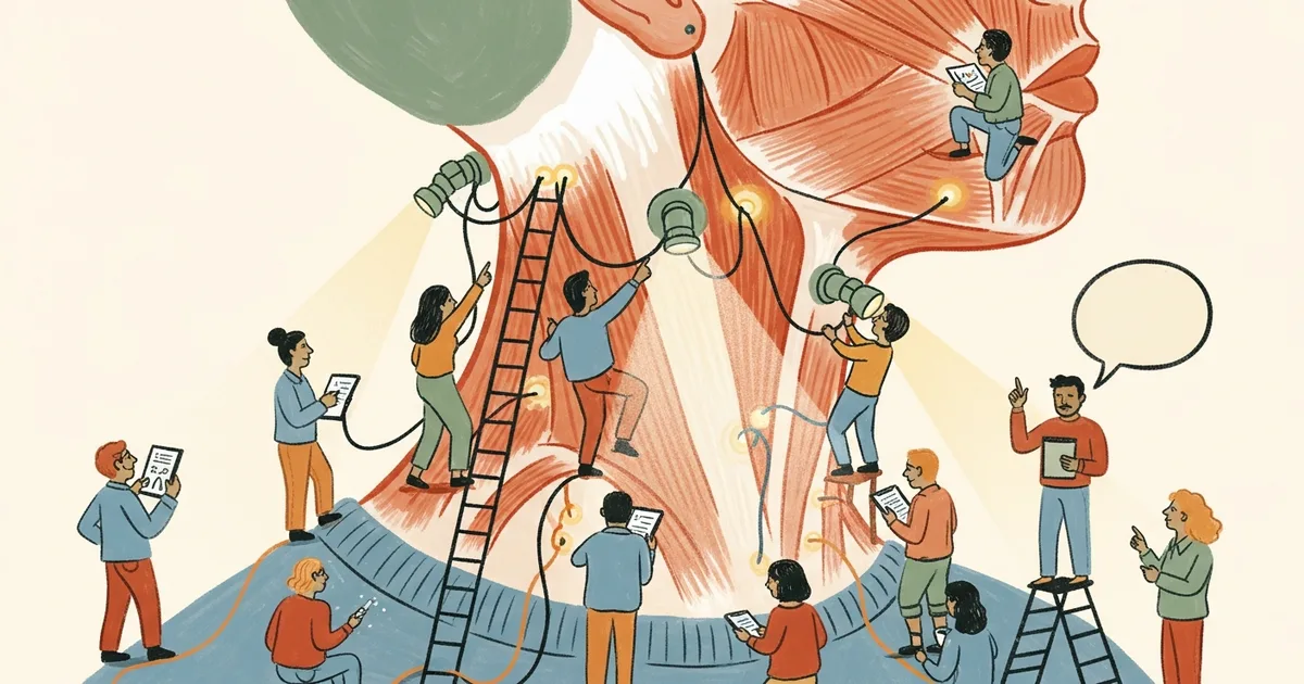 Editorial illustration for: AI Reads Neck Muscles With Light to Restore Voice — No Surgery Required