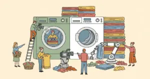 Editorial illustration for: People Are Getting Paid to Film Themselves Folding Laundry — To Train Robots That Will Replace Th