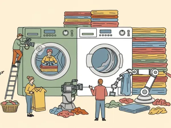 Editorial illustration for: People Are Getting Paid to Film Themselves Folding Laundry — To Train Robots That Will Replace Th