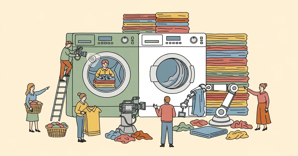 Editorial illustration for: People Are Getting Paid to Film Themselves Folding Laundry — To Train Robots That Will Replace Th