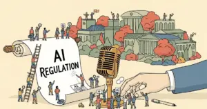 Editorial illustration for: Altman Invokes 'New Deal' for AI Era; Critics Call It Regulatory Cover