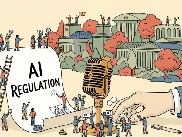Editorial illustration for: Altman Invokes 'New Deal' for AI Era; Critics Call It Regulatory Cover