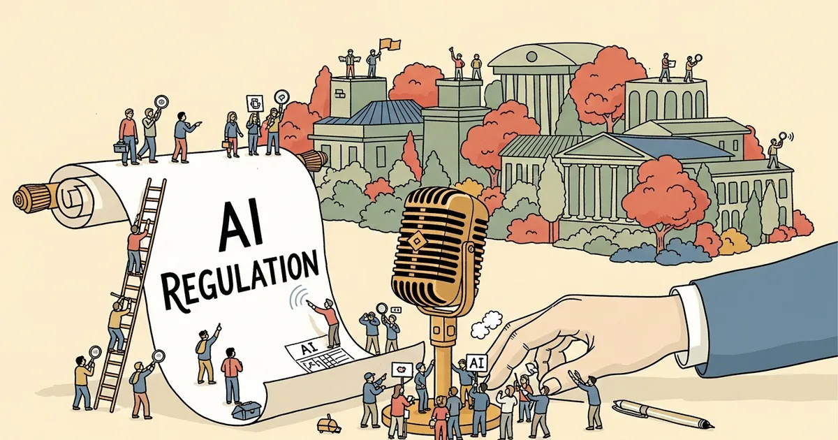 Editorial illustration for: Altman Invokes 'New Deal' for AI Era; Critics Call It Regulatory Cover