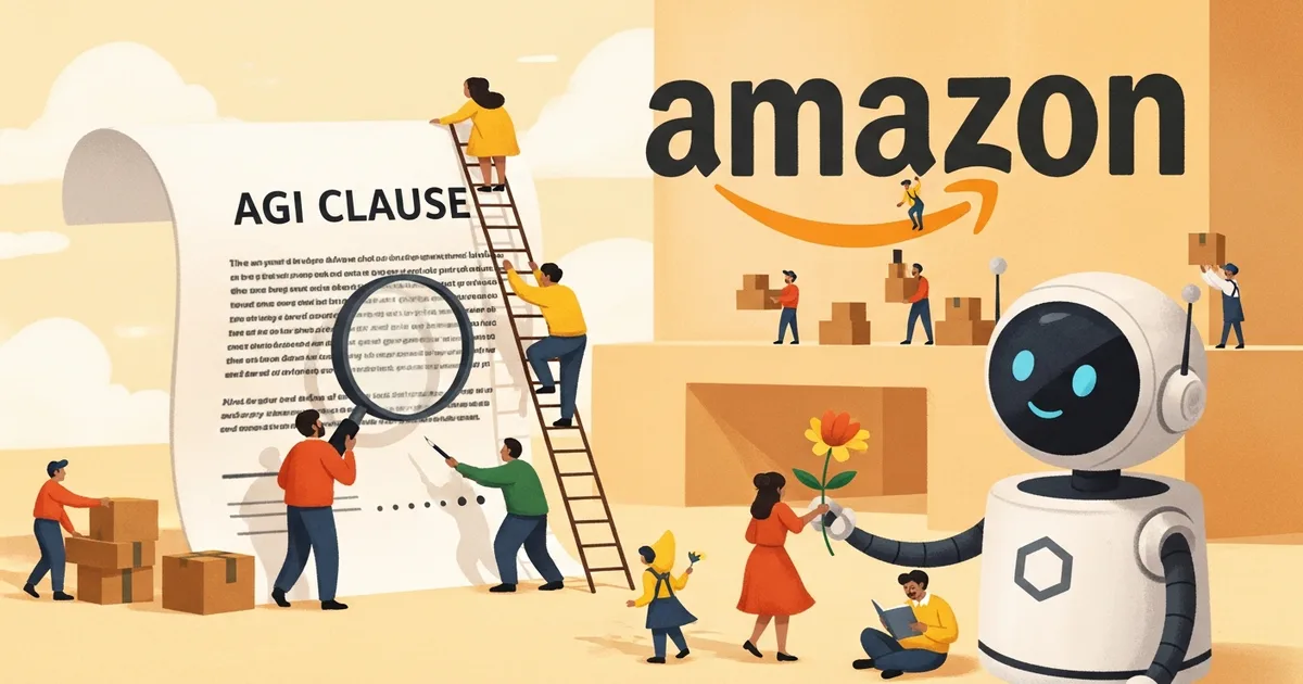 Editorial illustration for: Amazon Bet $35 Billion That OpenAI Will Achieve AGI — There's a Literal Contract Clause for It