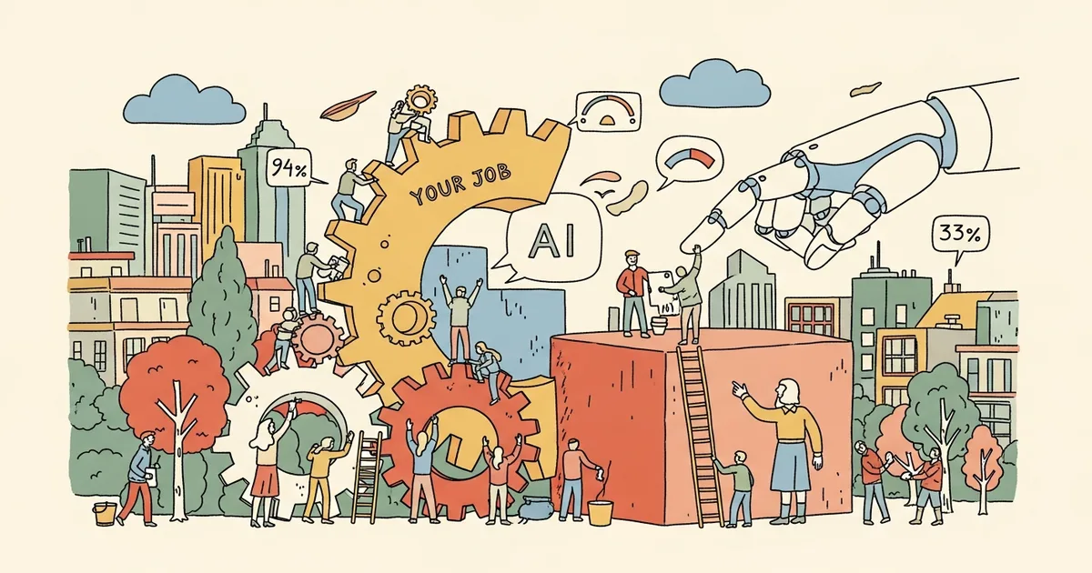 Editorial illustration for: AI Can Theoretically Do 94% of Your Job — But It's Only Doing 33%. The Gap Is Closing Fast.