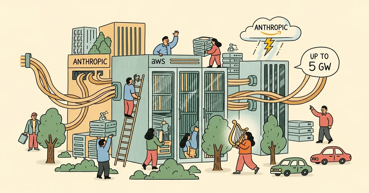 Editorial illustration for: Anthropic and Amazon Commit $100B+ to AWS for Up to 5 GW of AI Compute
