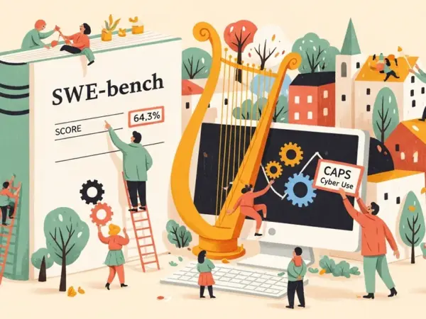 Editorial illustration for: Anthropic's Claude Opus 4.7 Scores 64.3% on SWE-bench, Caps Cyber Use