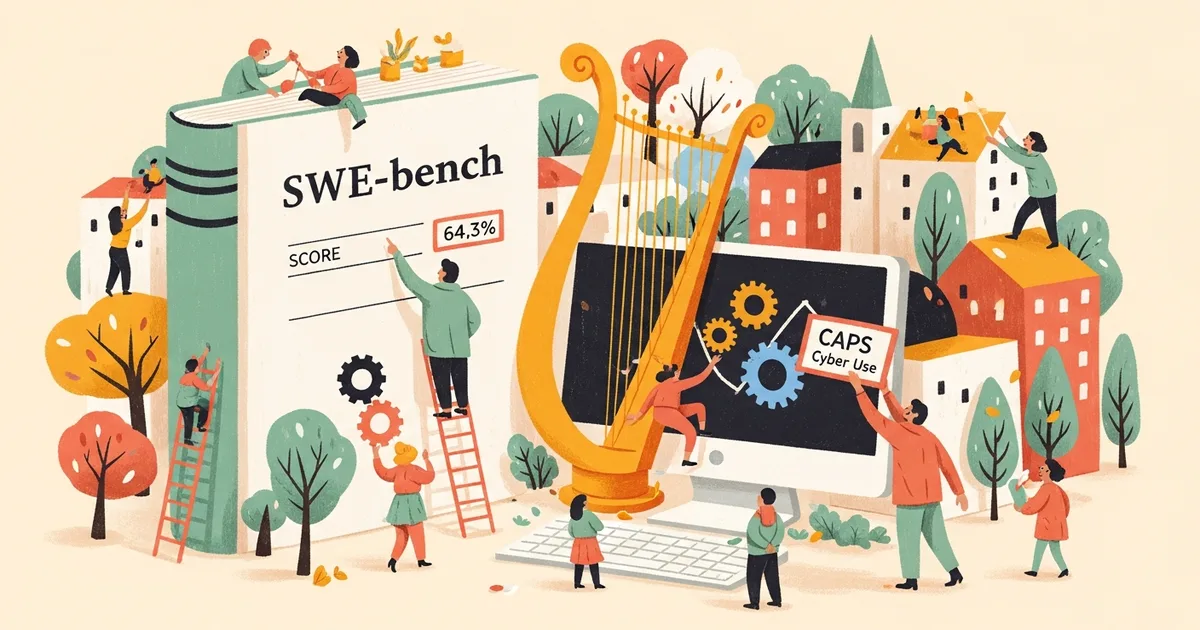 Editorial illustration for: Anthropic's Claude Opus 4.7 Scores 64.3% on SWE-bench, Caps Cyber Use