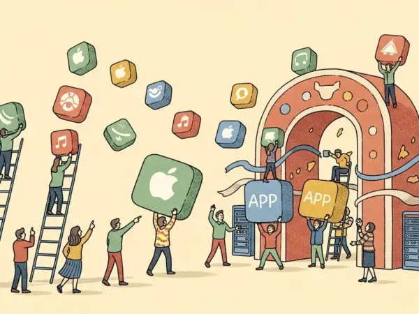 Editorial illustration for: App Store New Submissions Jump 30% to 600,000 in 2025 as AI Coding Tools Scale
