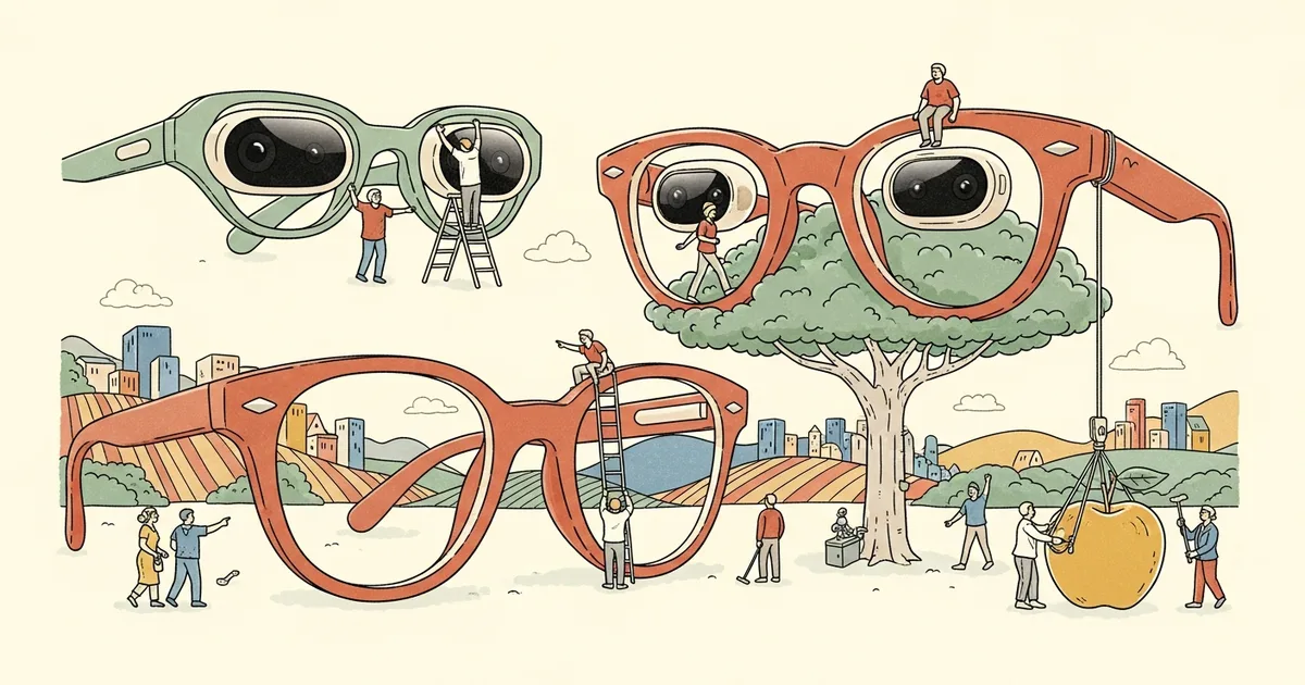 Editorial illustration for: Apple AI Glasses Planned in Multiple Styles With Oval Cameras, Bloomberg Reports