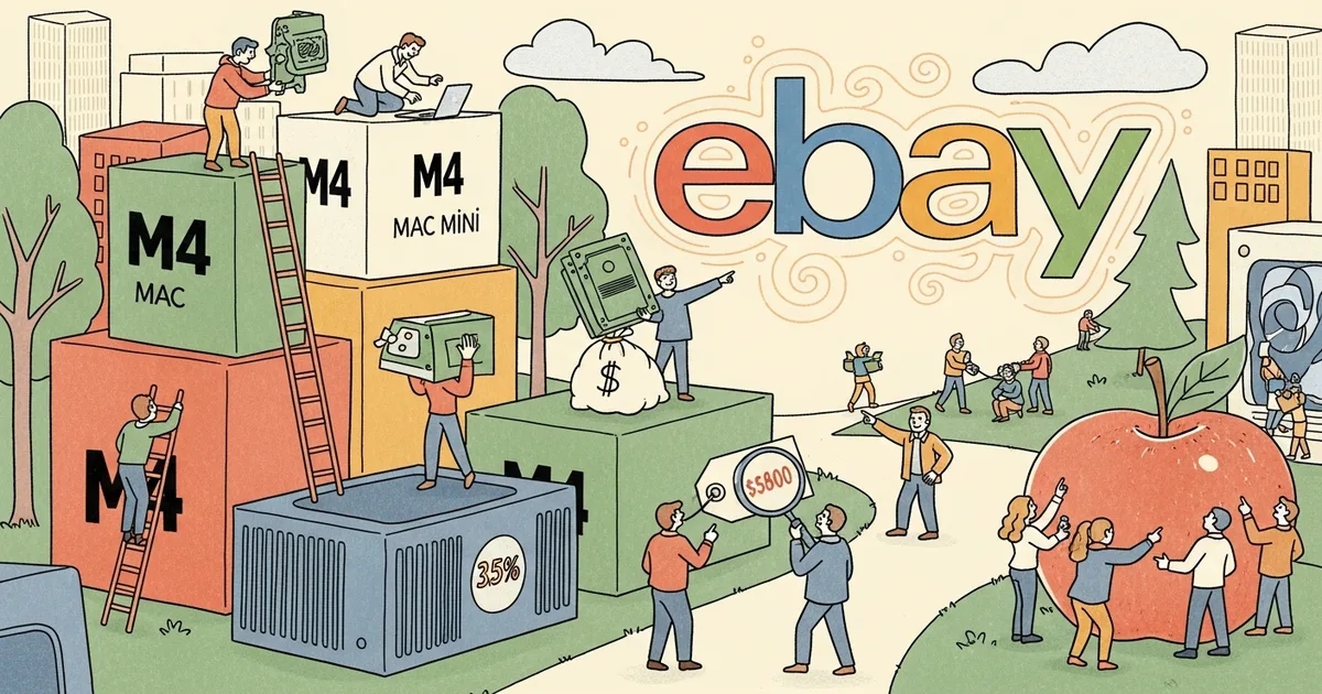 Editorial illustration for: Apple's M4 Mac Mini Sells Out as AI Demand Drives eBay Markups of Up to 63%