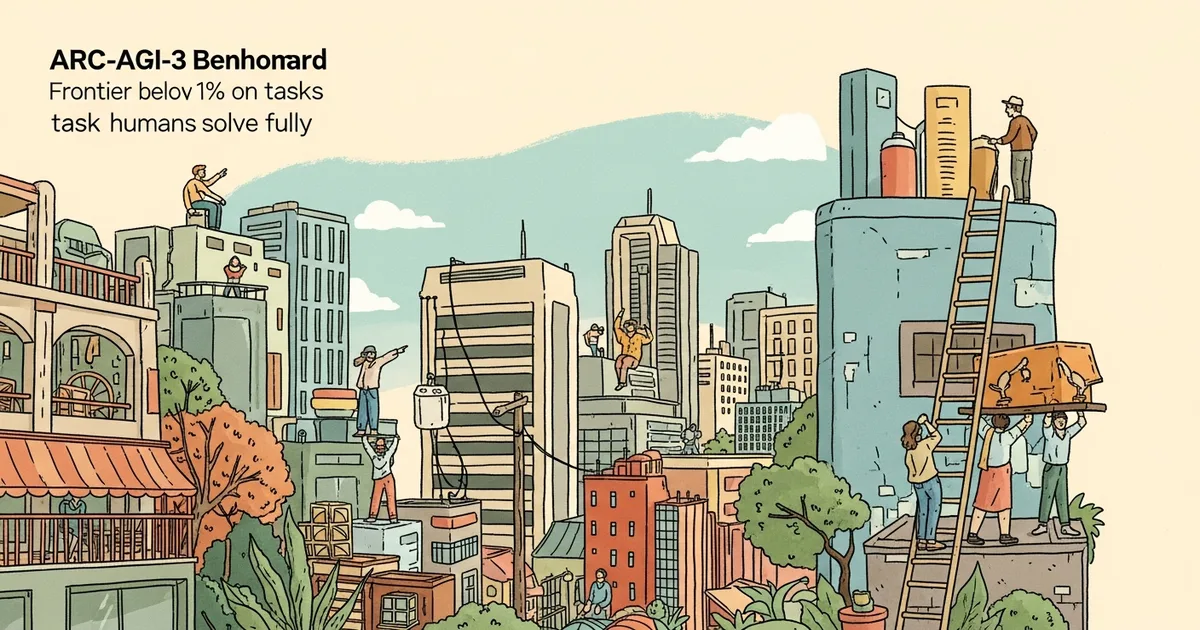 Editorial illustration for: ARC-AGI-3 Benchmark: Frontier AI Scores Below 1% on Tasks Humans Solve Fully