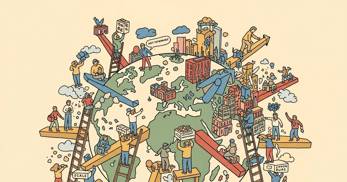 Editorial illustration for: ARTLAS: Mapping Art-Technology Institutions via Conceptual Axes, Text Embeddings, and Unsupervise