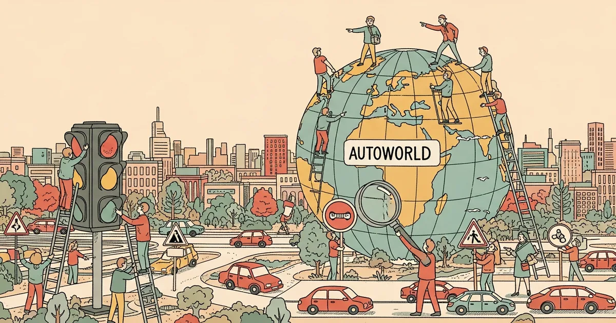 Editorial illustration for: AutoWorld: Scaling Multi-Agent Traffic Simulation with Self-Supervised World Models