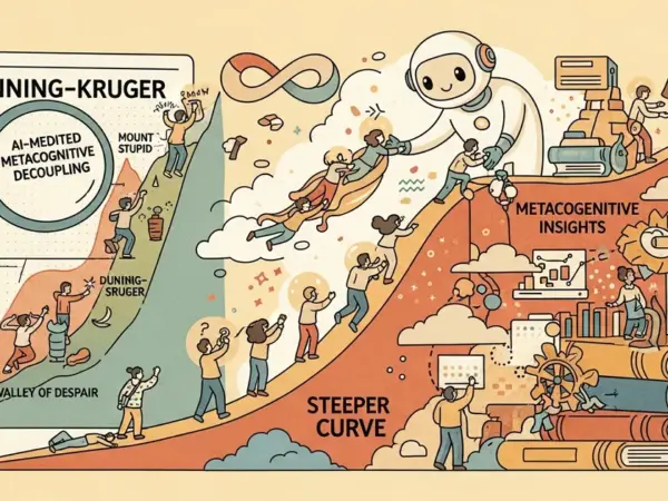 Editorial illustration for: Beyond the Steeper Curve: AI-Mediated Metacognitive Decoupling and the Limits of the Dunning-Krug
