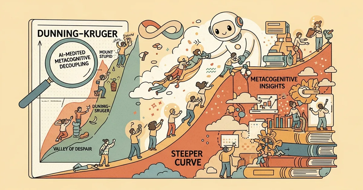 Editorial illustration for: Beyond the Steeper Curve: AI-Mediated Metacognitive Decoupling and the Limits of the Dunning-Krug
