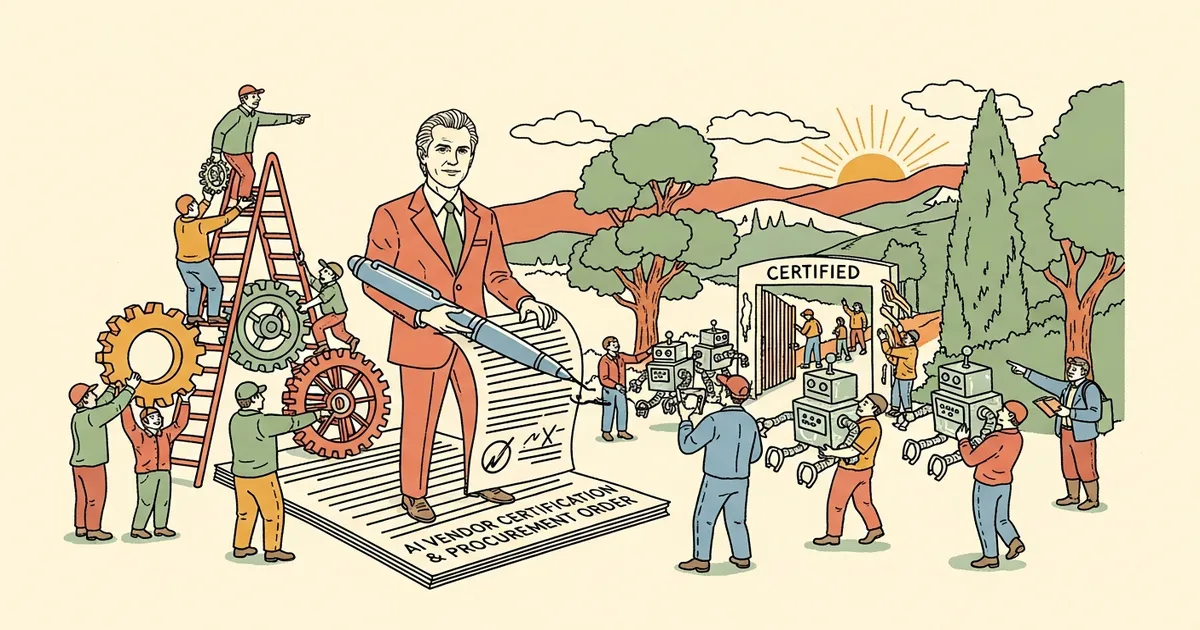 Editorial illustration for: California Governor Newsom Signs AI Vendor Certification and Procurement Order