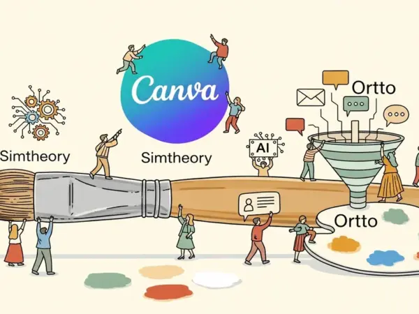 Editorial illustration for: Canva Acquires AI Firm Simtheory and Marketing Platform Ortto in Dual Deal
