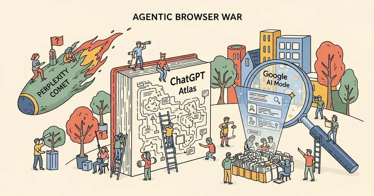 Editorial illustration for: ChatGPT Atlas vs Perplexity Comet vs Google AI Mode: The Agentic Browser War