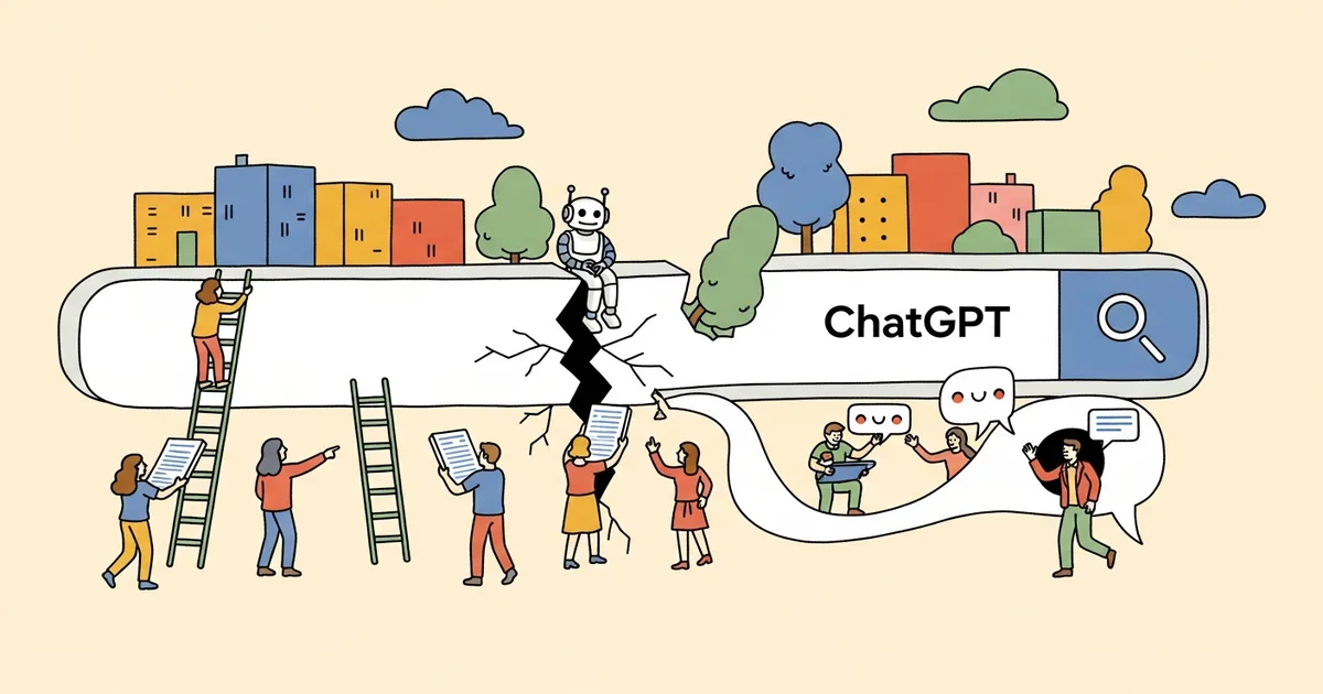 Editorial illustration for: ChatGPT Now Handles 20% of All Search Traffic on Earth — Google’s Monopoly Has a Crack [2026 Data