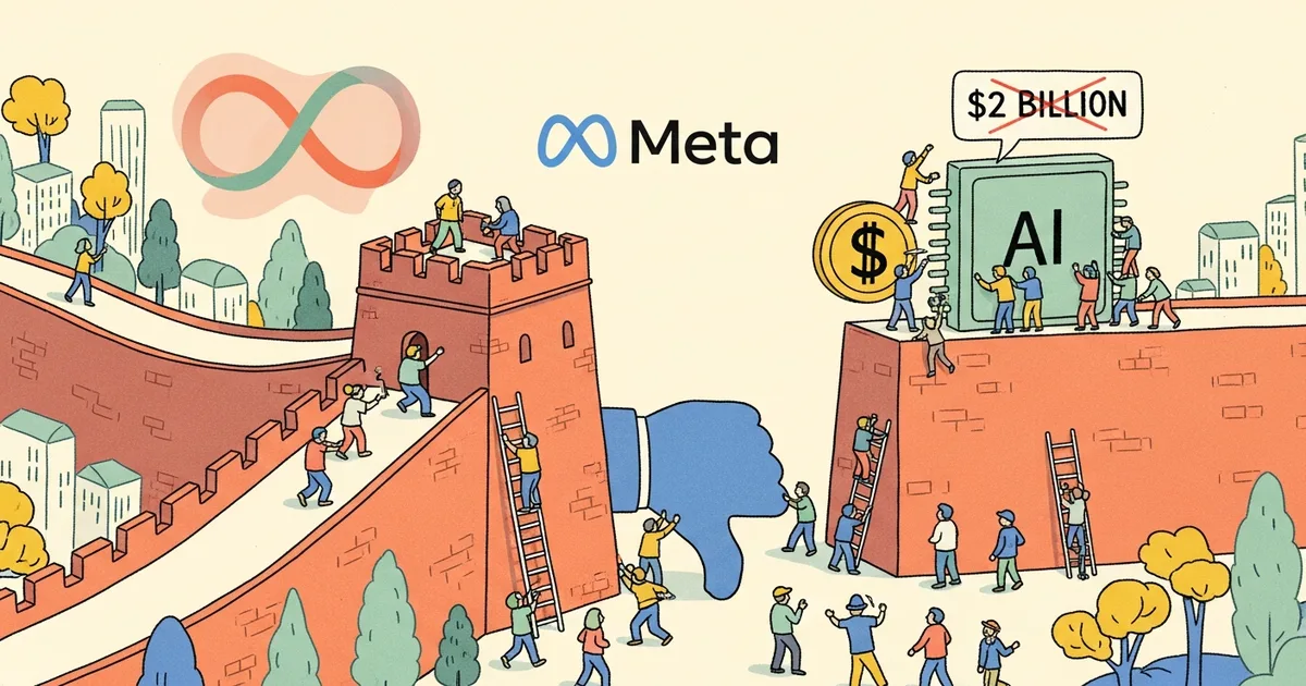 Editorial illustration for: China Blocks Meta's $2 Billion Bid to Acquire AI Startup Manus