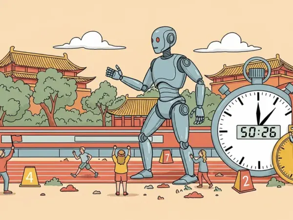 Editorial illustration for: Chinese Humanoid Robot Clocks 50:26 Half-Marathon in Beijing, Faster Than Human World Record