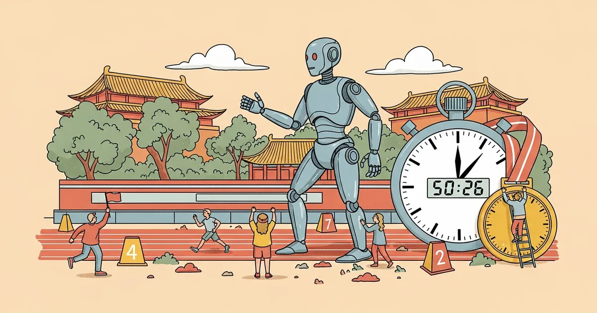Editorial illustration for: Chinese Humanoid Robot Clocks 50:26 Half-Marathon in Beijing, Faster Than Human World Record