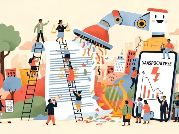 Editorial illustration for: Anthropic Just Killed Legal Tech With One Feature — Wall Street Calls It the 'SaaSpocalypse'